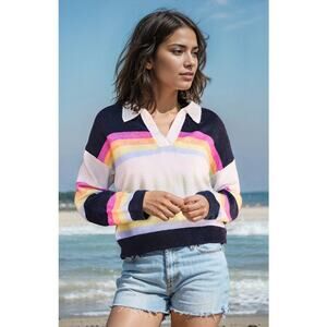 Sundry Women's Striped Johnny Collar Wool Blend Sweater Size Small Sporty Preppy